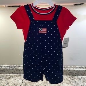 CROWN & IVY BABY AMERICAN FLAG OVERALL AND TSHIRT 2 PIECE SET